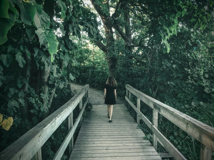 a woman walking on a wooden bridge with trees in the background