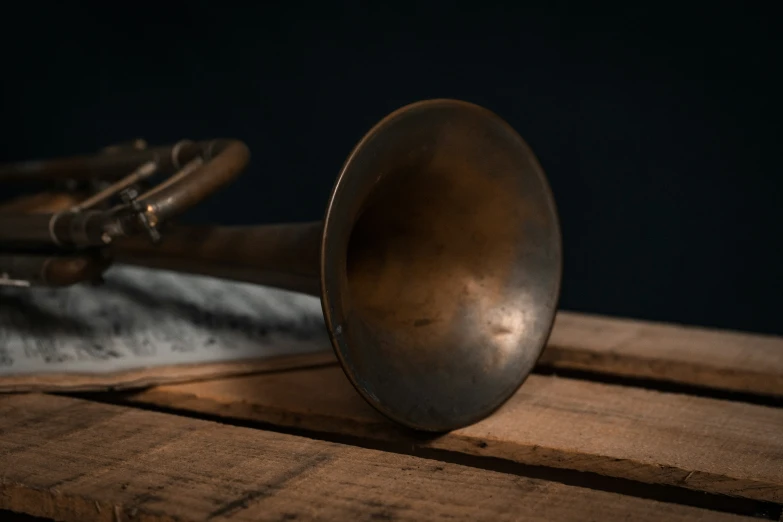 an antique trombone resting on a wooden surface