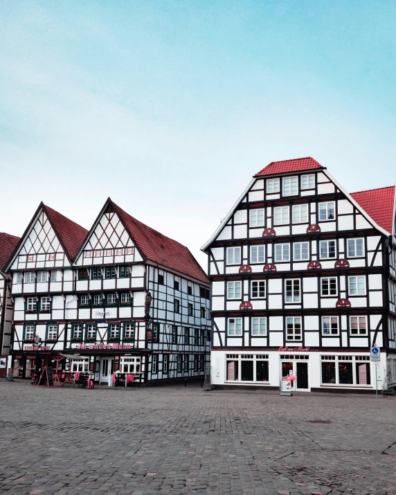 large black and white houses in the middle of the day