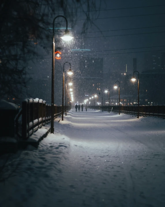 people walking through snow on a street during winter