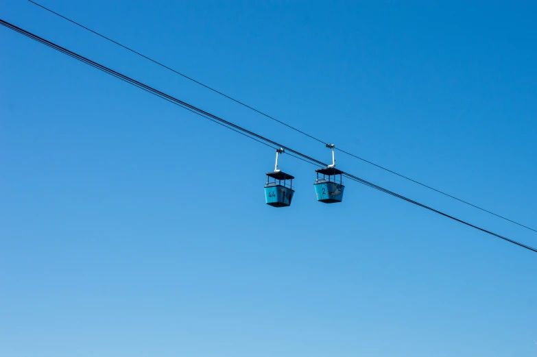 there are two chairs on the electrical wire above