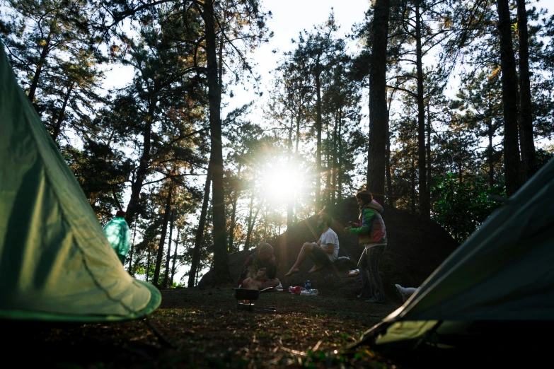 several people camping in the forest on a sunny day