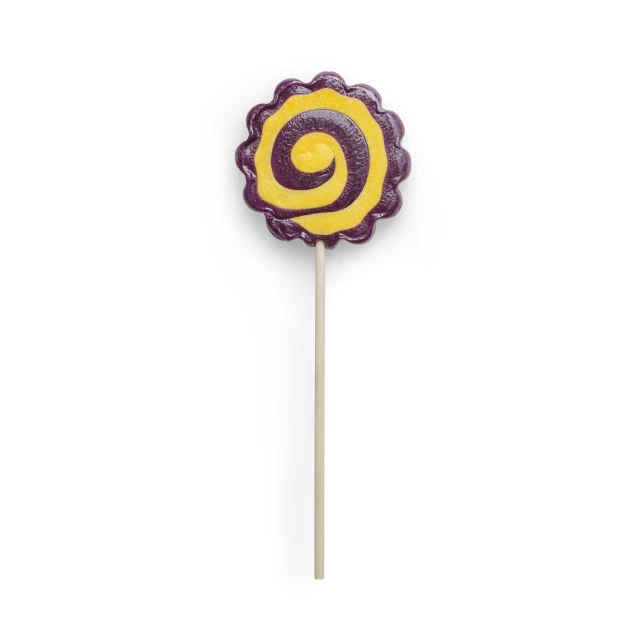 a purple and yellow lapel flower sitting on top of a stick