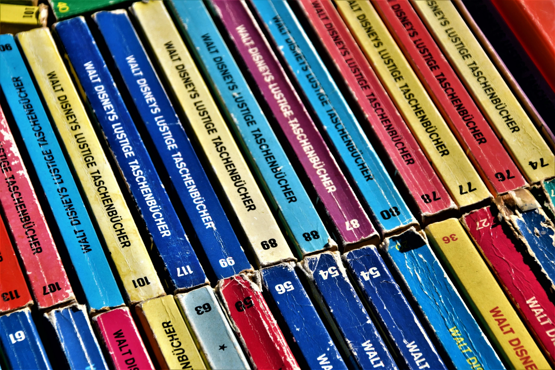 a display case holds rows of colorful books