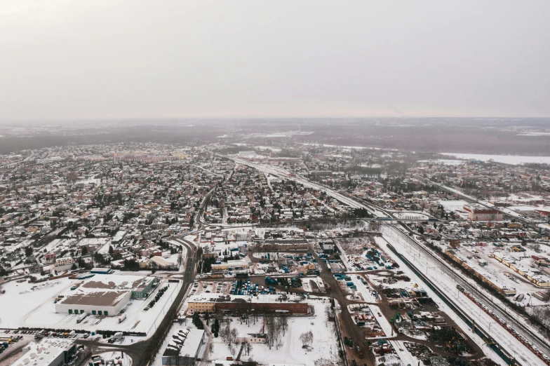 snow covered industrial area in a rural urban area