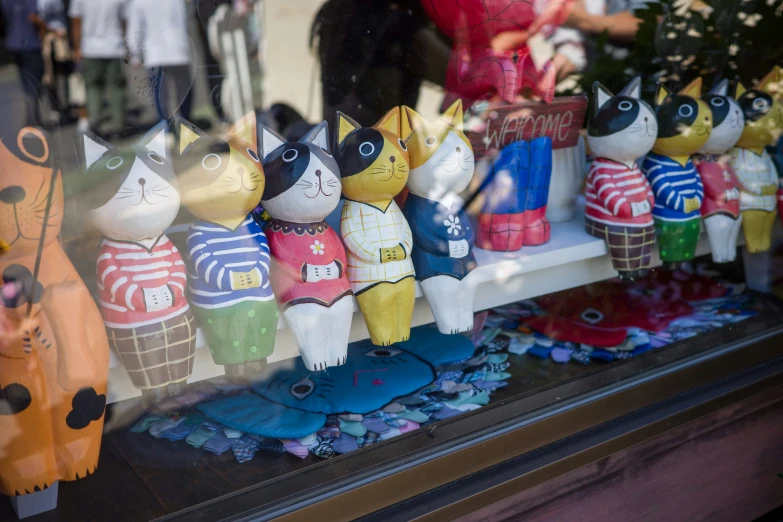 colorful wooden toys in an art shop window