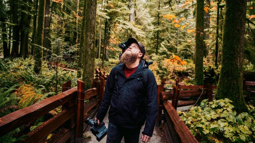 man walking across bridge in forest and taking a deep breath