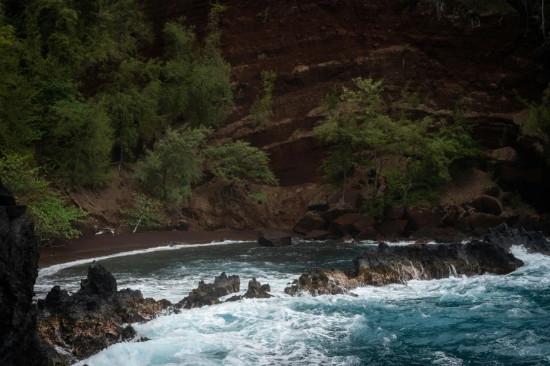 water crashing into the shore with the trees on the hill