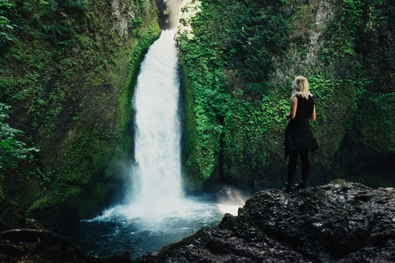 a person standing on a cliff looking at a waterfall