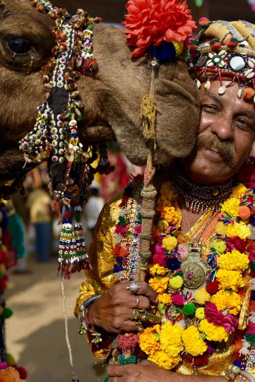 a man in bright colored clothing stands with his camel