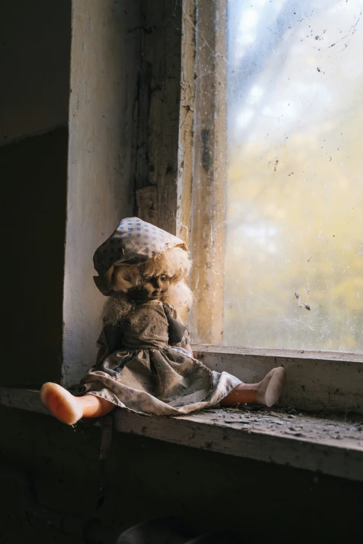 a teddy bear is sitting on a window sill