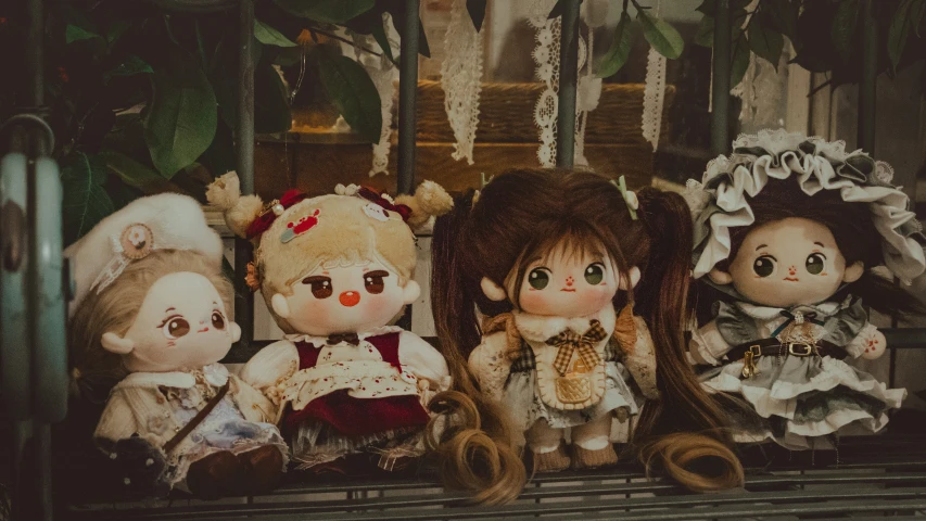 small group of dolls sitting next to each other