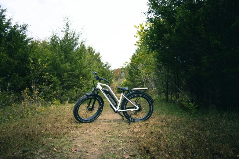 a bicycle in the middle of a field next to a trail