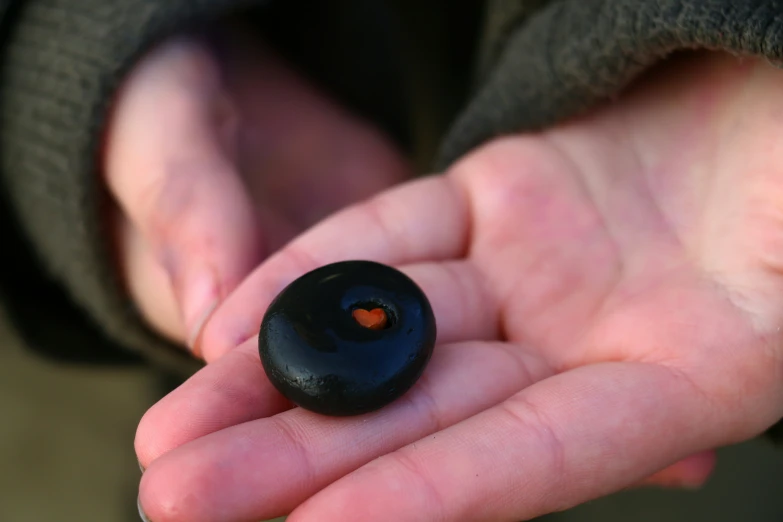 the person is holding up a small stone with orange markings on it