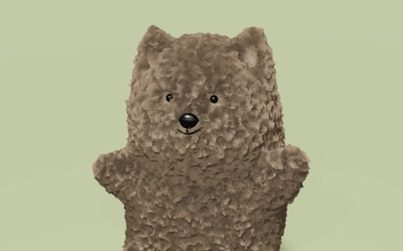 a large brown teddy bear standing up against a light green background