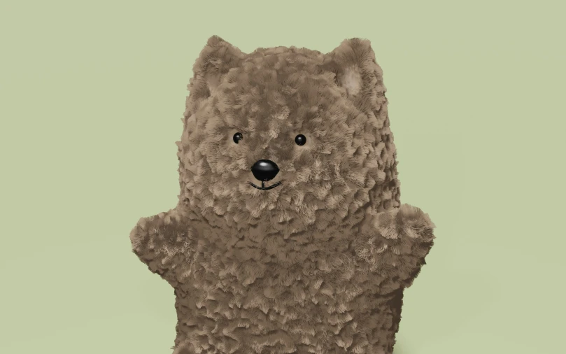 a large brown teddy bear standing up against a light green background