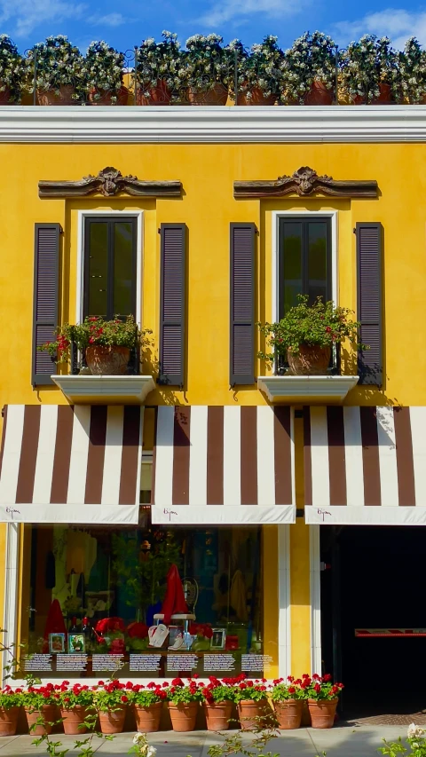 two store fronts sitting with windows and striped awnings