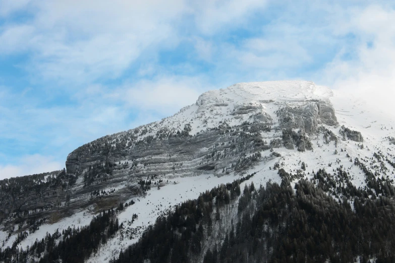 a snowy mountain top with snow and trees