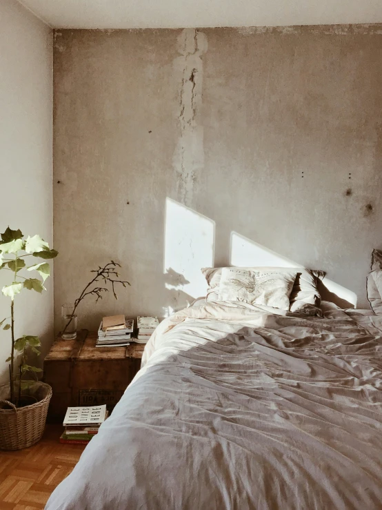 a bedroom that has a bed in the corner