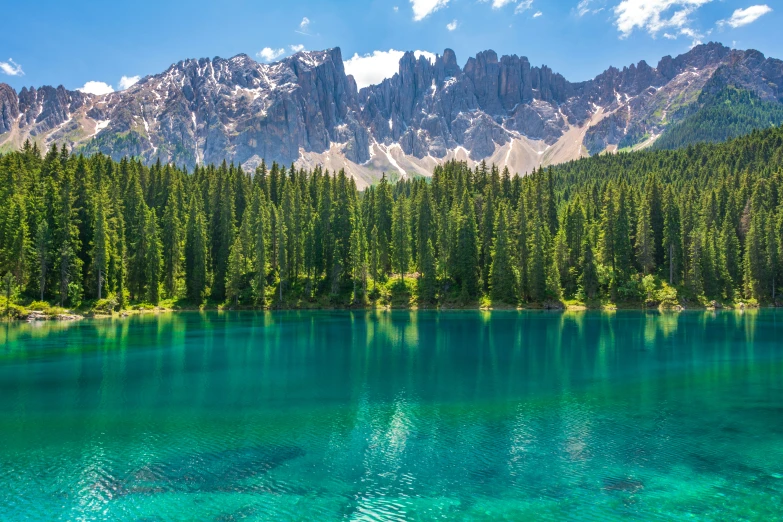 clear water and mountain ranges with green trees