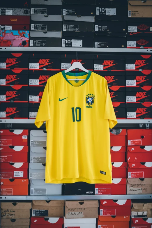 the soccer uniform hangs in the corner of the store