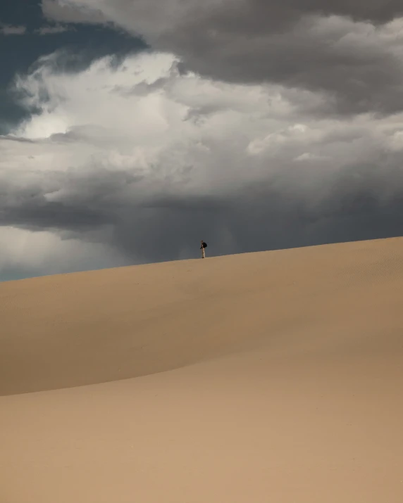 a lone man stands alone in the desert under a cloudy sky