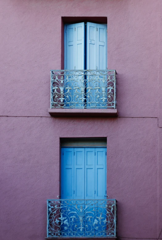 there are two identical colored windows with bars