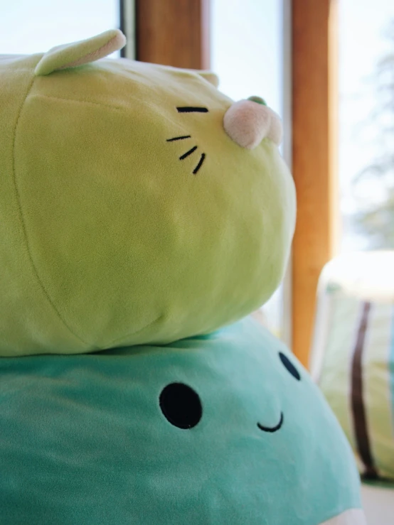 the green cushion is wearing a cat face