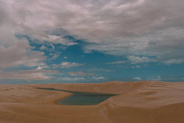 a man flying a kite over a lake on top of a sandy field