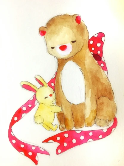 watercolor painting of a stuffed bear and bunny