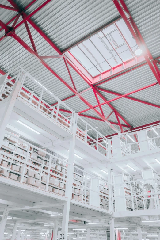 the ceiling of the liry is covered with white shelves