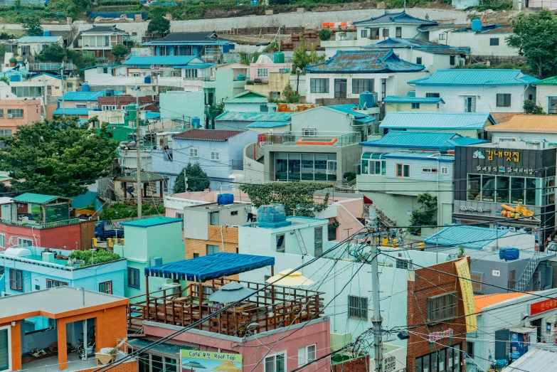 the view of some very colorful colored buildings