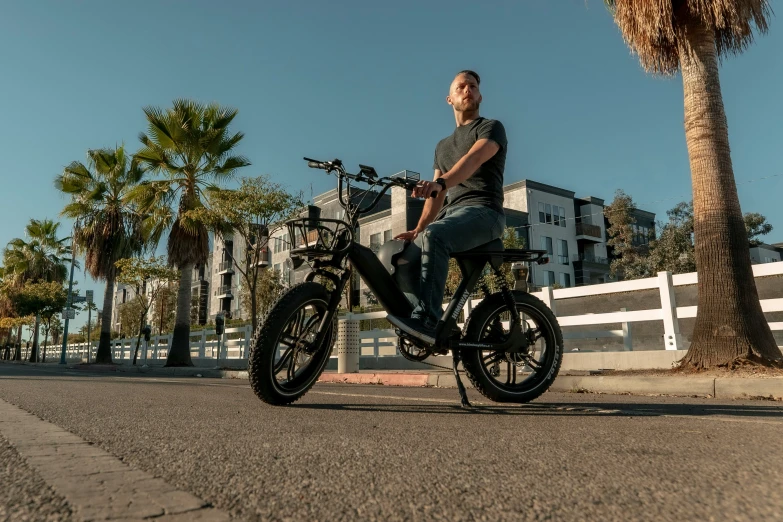 a man is sitting on a bicycle with palm trees