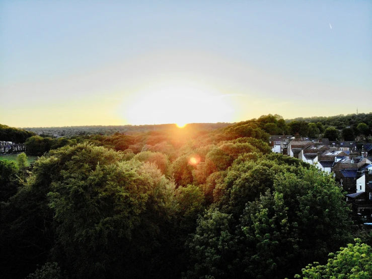 a sun is setting on a small hill above the trees