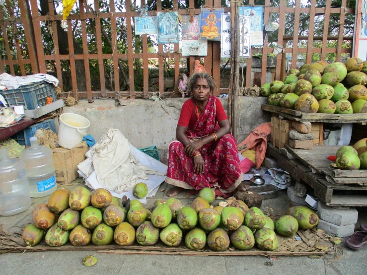 an indian lady sits next to many fruit