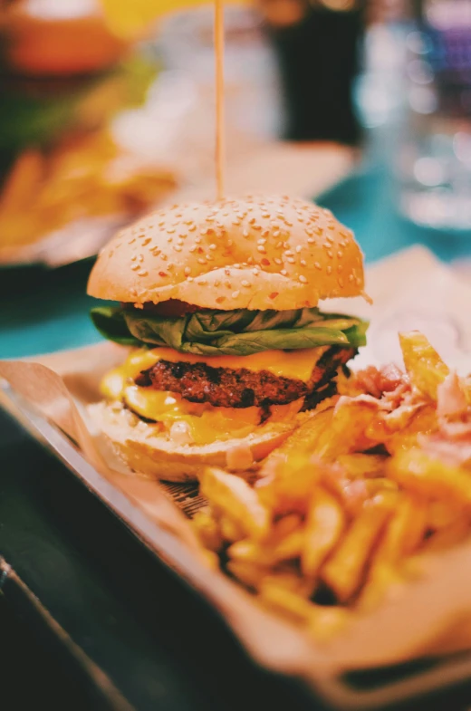 a hamburger and french fries sit on a plate