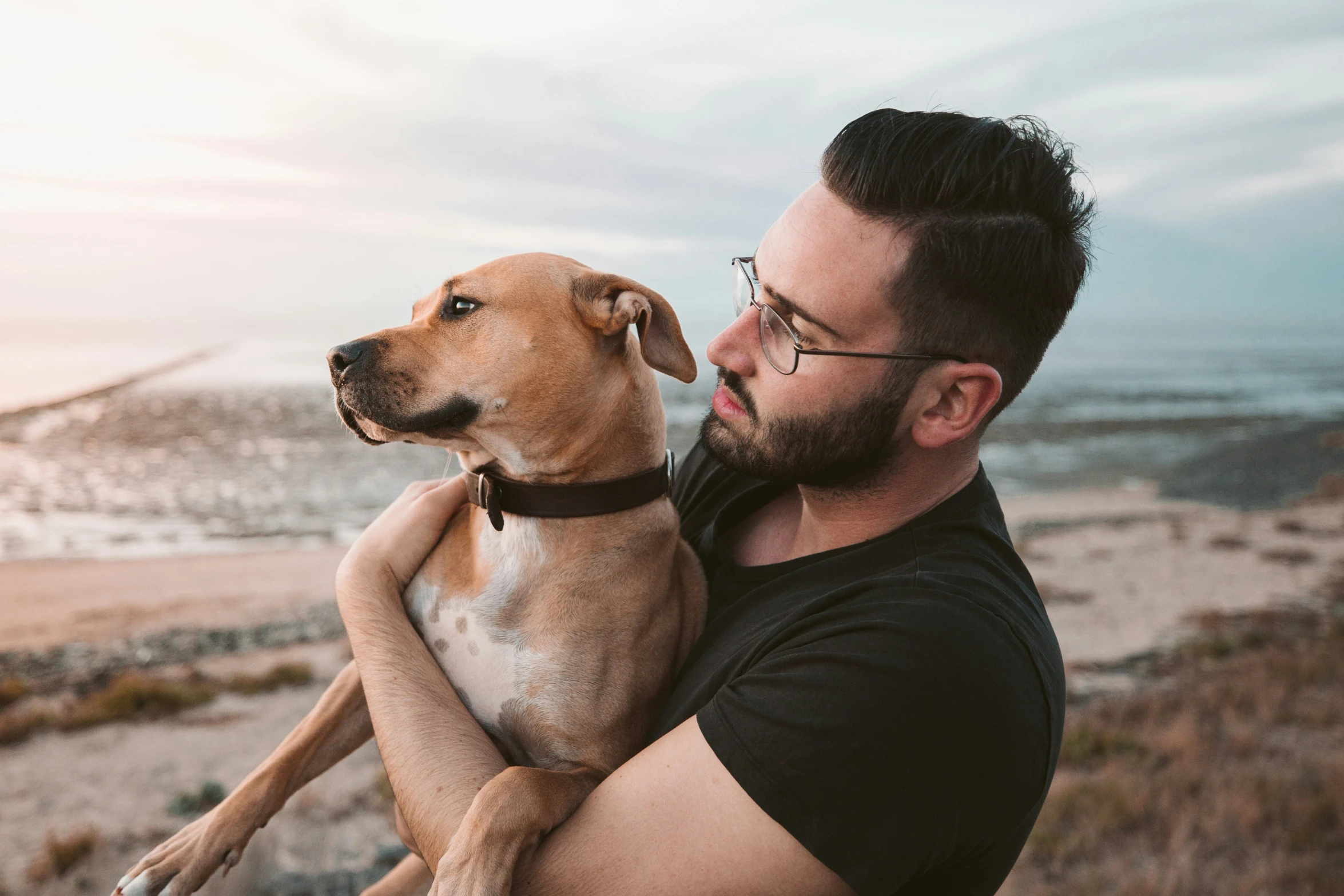 a man carrying his dog on his chest