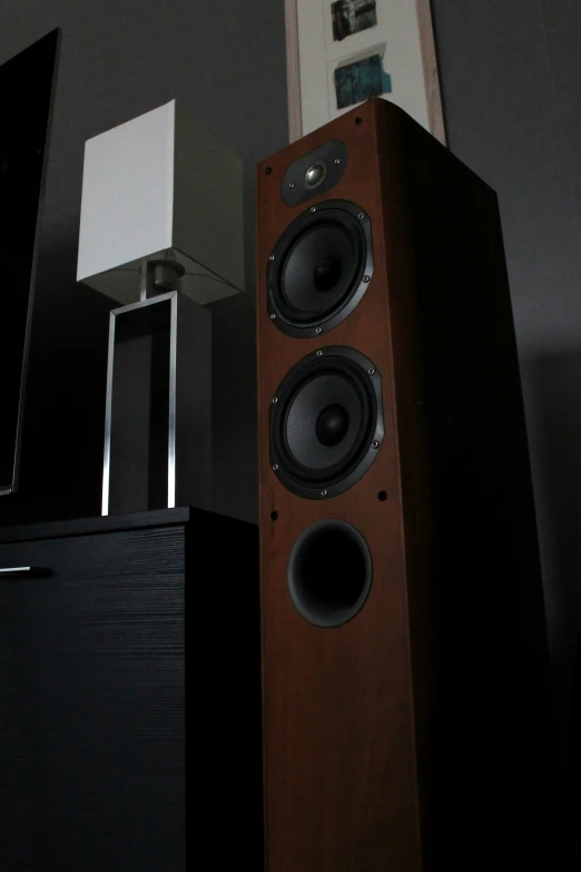 a speaker stands on a stand in front of a television