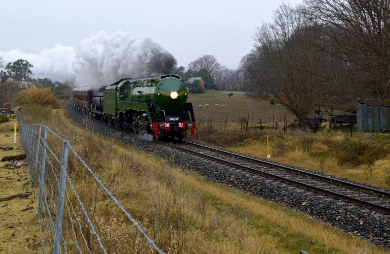 a train is approaching a grassy area with a fence and trees behind it