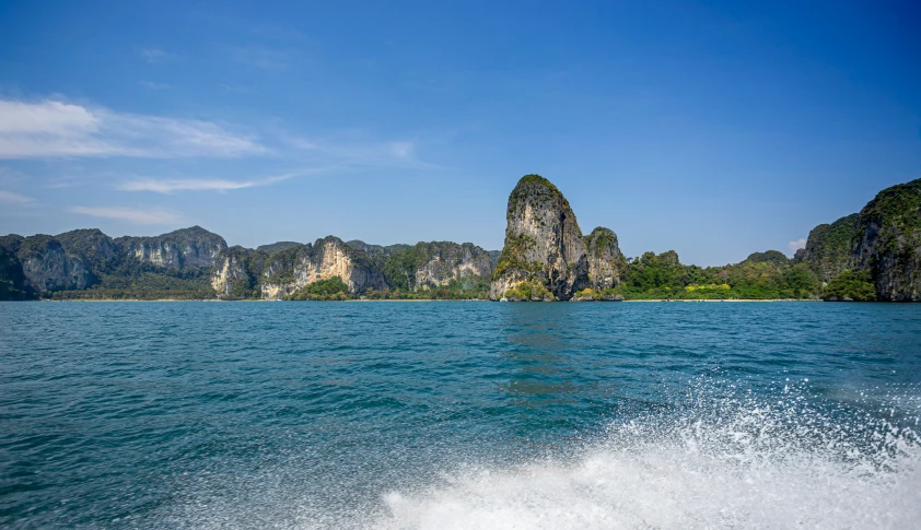 this is an image of a boat going past a shore line with mountain in the background