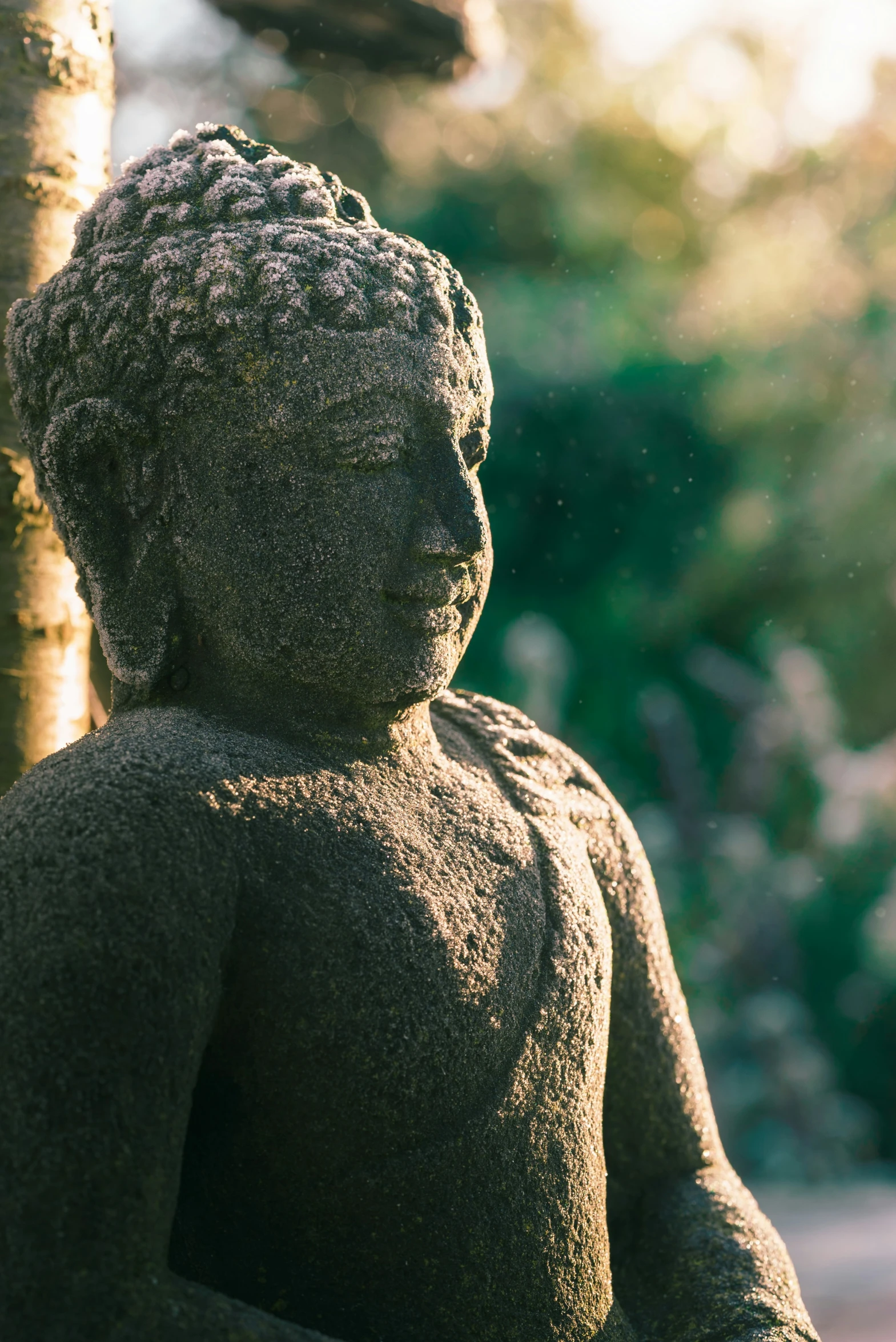 an ornate stone statue, possibly looking into a distance