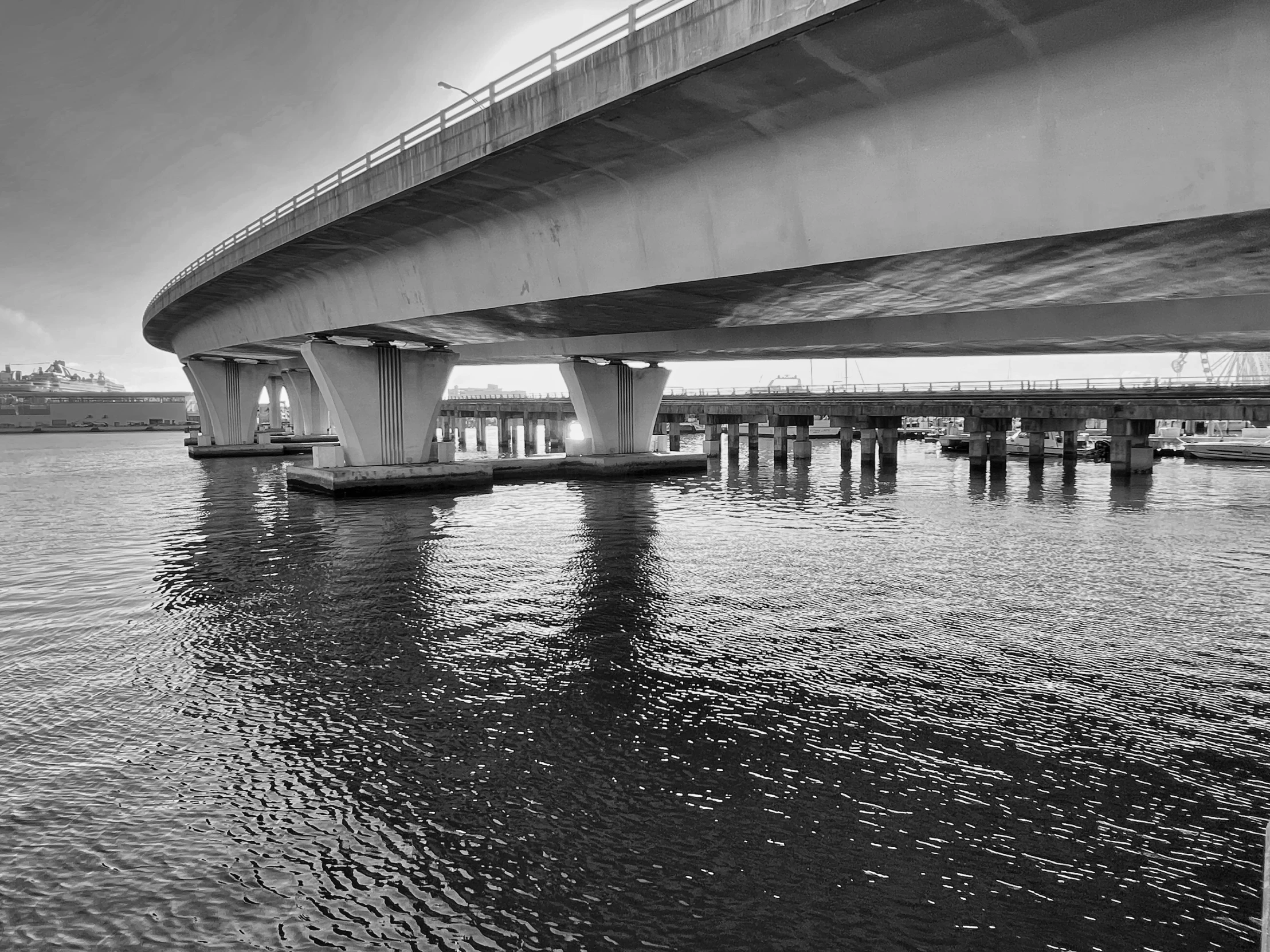 a black and white po of two bridge spans over water