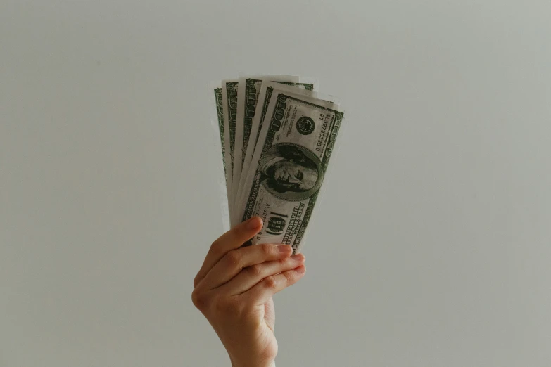 a person holding money in front of a gray sky