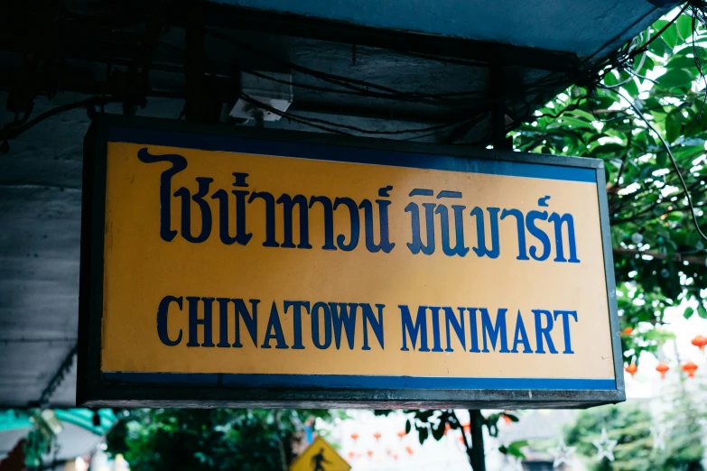 a yellow and blue sign with black writing next to a tree