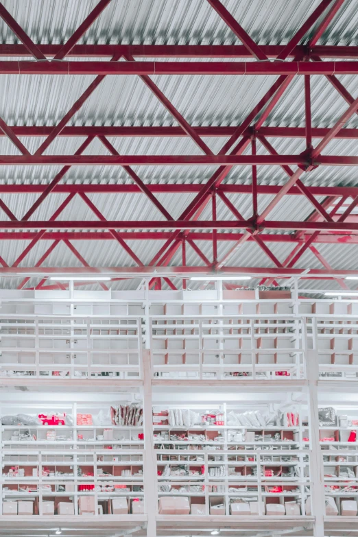 many shelves in a large building with red beams