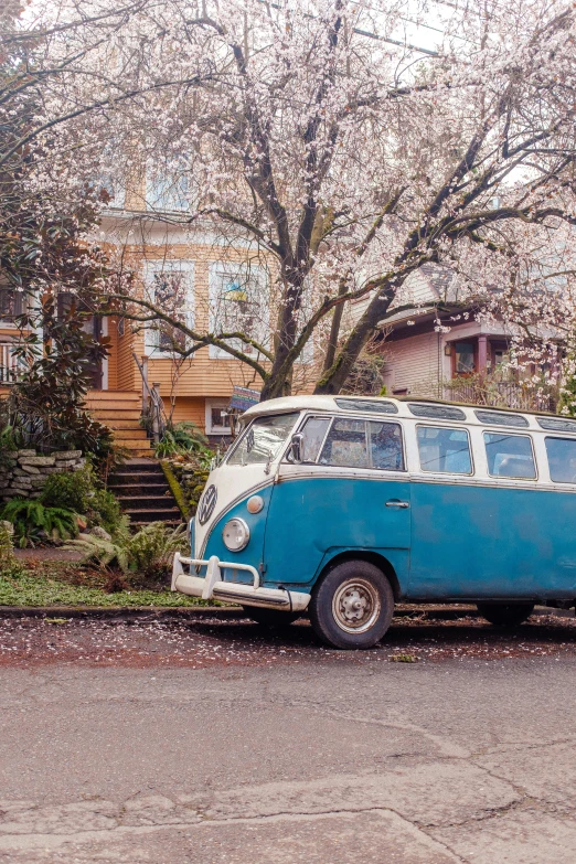 a van parked on the side of the road in front of some trees