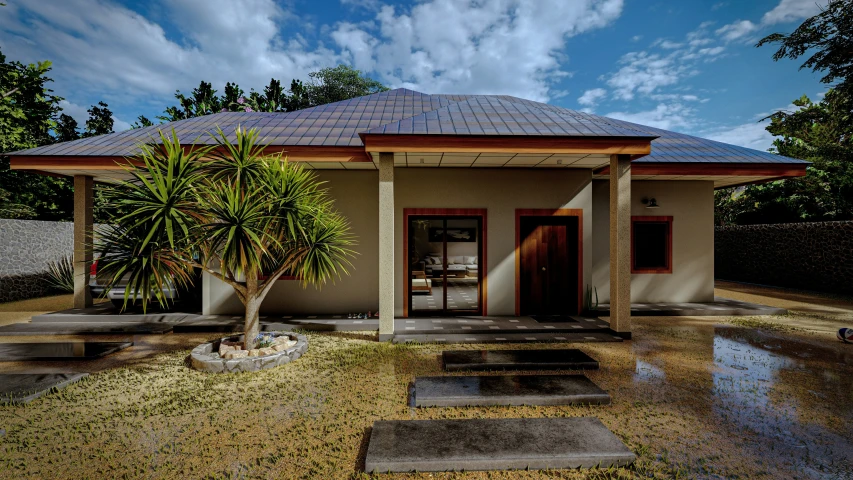 a house with a stone walkway leading to the patio