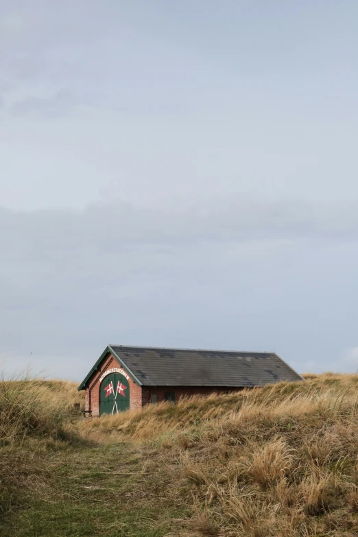 a barn in a field with a snow - capped sky