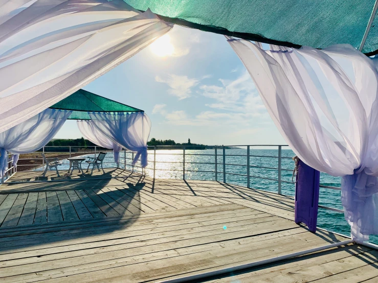 the view from the deck of a boat on the water