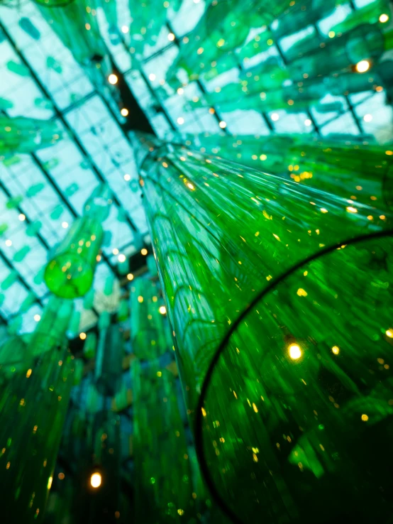 green umbrella is set up on the ceiling